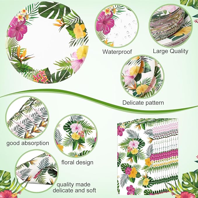 Pickmesh 250 Pcs Hawaiian Paper Napkins Plates Cups Set Tropical Nights Luau Party Supplies Hawaii Aloha Disposable Tableware for Summer Birthday Pool Beach Dinner, Serve for 50 Guests(Green,Flower)