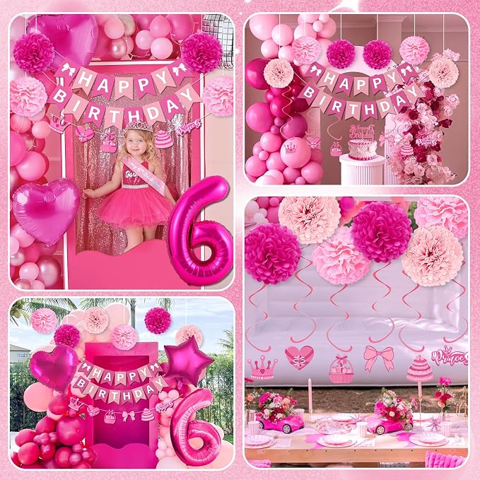 6th Birthday Decorations for Girls, Pink Party Decorations with Number 6 Balloon Happy Birthday Banner Bday Sash Crown Tablecloth Fringe Curtain Hanging Swirl for 6 Year Old Girl Bday Decor