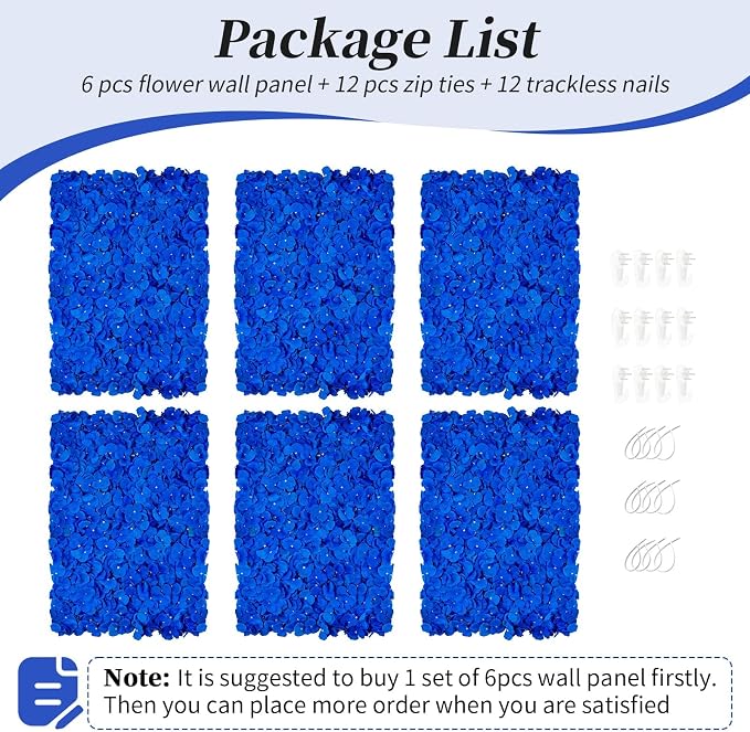 BLOSMON Flower Wall Panel Backdrop Decor Royal Blue Artificial Floral Backdrop for Wedding Party Baby Bridal Shower, 6 Pcs Hanging Fake Hydrangea Wall Decoration Silk Faux Hydrangea Flower Backdrop