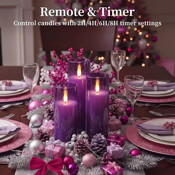 Homemory Purple Battery Operated Flameless Candles with Remote and Timer, Flickering LED Pillar Candles, Acrylic Decorative Candles for Home Decor, Weddings, Parties and Holidays, 9 Pack