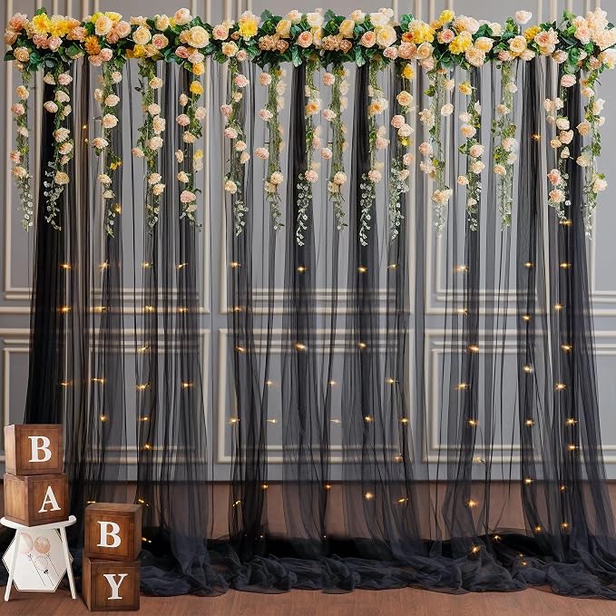 10x10ft Black Tulle Backdrop Curtain with Lights String for Parites, Sheer Photo Backdrop Curtains with Lights for Wedding Backdrop Ceremony Reception Bridal Shower Baby Shower Birthday Party