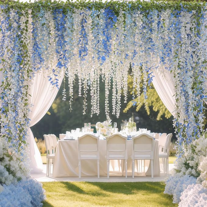 Thiccywoov 4pcs Wisteria Artificial Flowers Garland, 7.2Ft/Piece Wisteria Hanging Flowers Garland for Wedding Arch Decoration Outdoor Ceremony Home Backdrop Garden (Light Blue,Dark Blue,White)