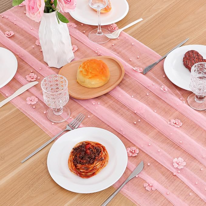 BINBE 4pcs Flower Pearl Table Runner Spring Summer Rustic Boho 10ft Tulle Table Runner for Baby Shower Wedding Veil Holiday Dessert Table Decor Pink