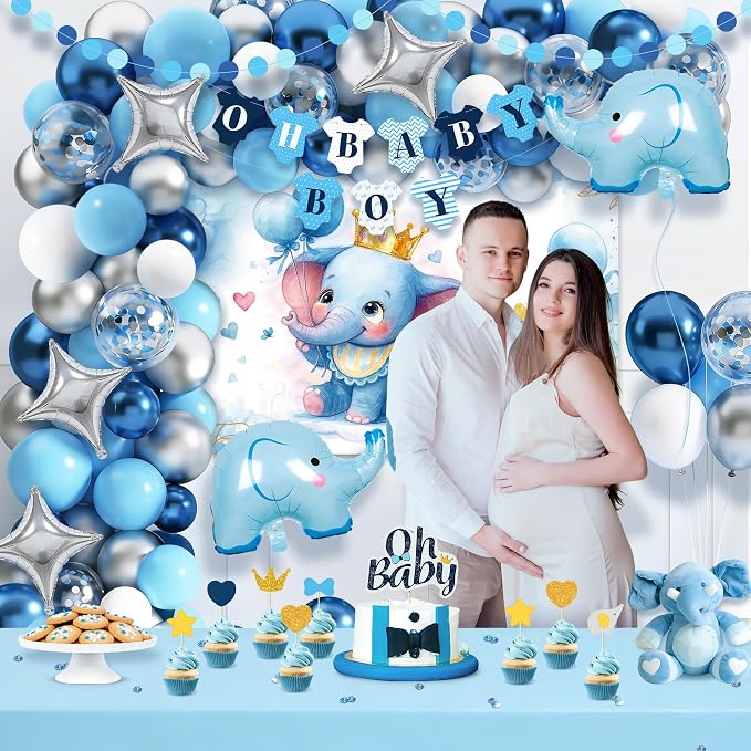 149 pcs Baby Shower Decorations for Boy, 4 Pcs Balloon Boxes,Elephant Foil Balloons, Blue Elephant Theme Baby Shower Decorations Gender Reveal Party Supplies