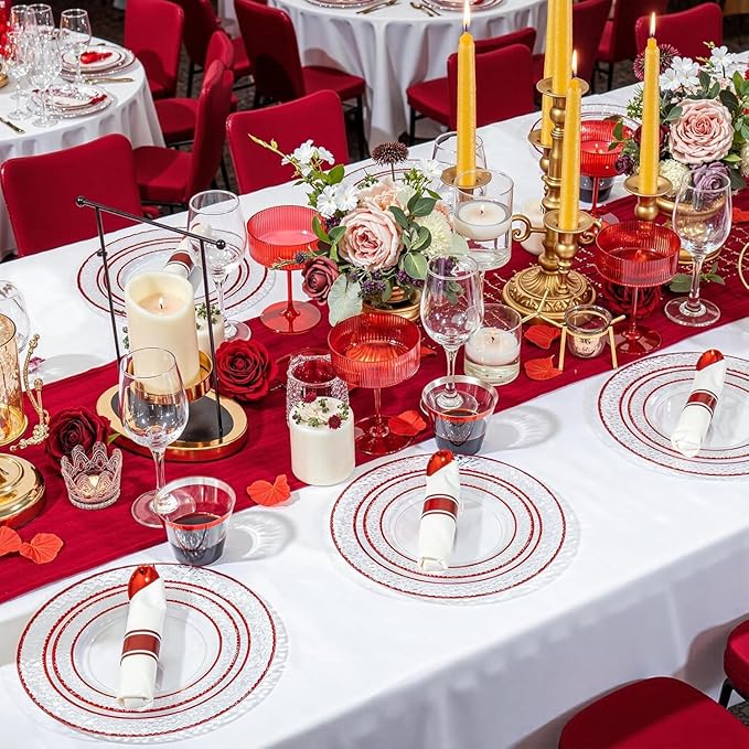 Ciaell 350 PCS Clear and Red Plastic Plates – Red Dinnerware Set for 50 Guests Include 100 Plastic Plates, 50 Pre Rolled Napkins with Cutlery Set, 50 Cups for Wedding & Party & Mother's Day