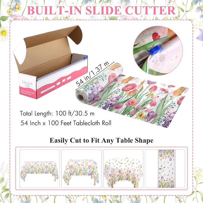 Kochorie 100 Ft x 54 Inch Spring Flower Tulip Tablecloth Roll Plastic Floral Disposable Table Cover Butterfly Wildflower Themed Backdrop for Spring Floral Tea Party Birthday Wedding Decor