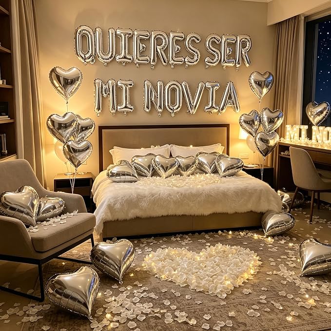 QUIERES SER MI NOVIA 2 Set Balloons - 34pcs 16" Letter, 10pcs 18" Heart, Alphabet Foil Mylar for Valentines Day Decorations with 1200pcs Cream White Artificial Rose Petals