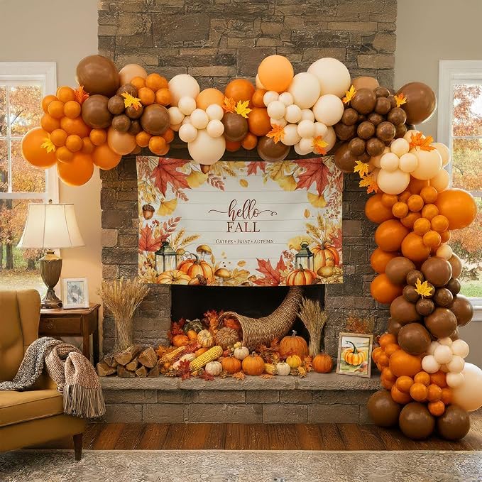 fall thanksgiving Burnt orange Balloon Garland Arch Kit Orange Cream Peach brown balloon with artificial maple leaf Autumnbackdrop for Boho Baby Shower Little Pumpkin friendsgiving Decorations