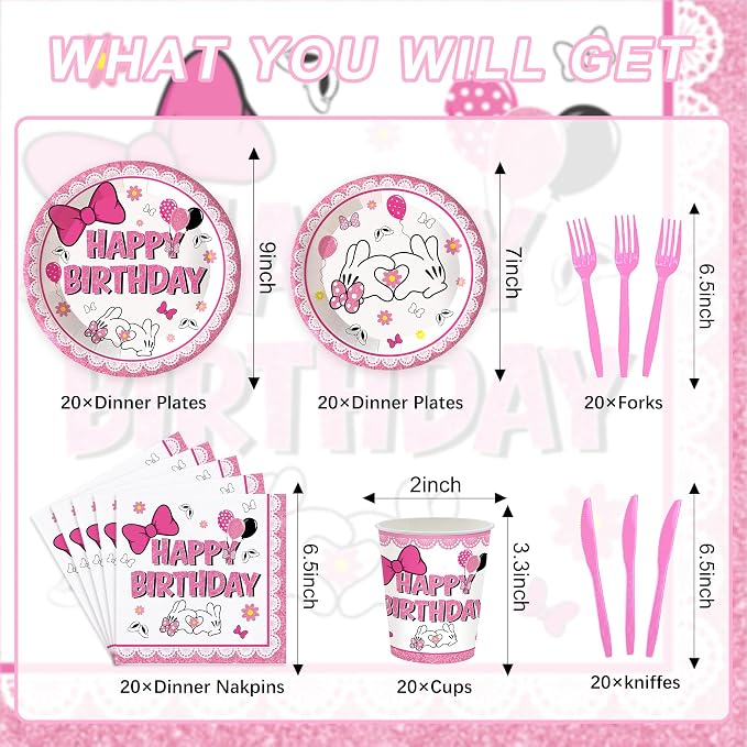 120pcs Pink Bow Mouse Plates Napkins Cartoon Birthday Party Supplies Disposable Paper Cups Pink Forks Tableware Set for Birthday Party Decorations 20 Guests