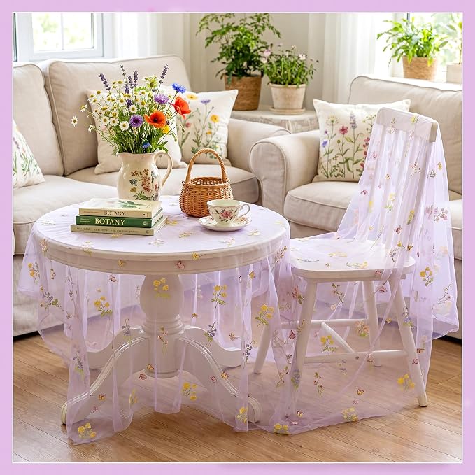 Lounsweer Purple Wildflower Table Runner 10ft Embroidery Tulle Spring Floral Table Runner Seasonal Summer Butterfly Kitchen Dining Gauze Decoration for Wedding Baby Shower Birthday Party