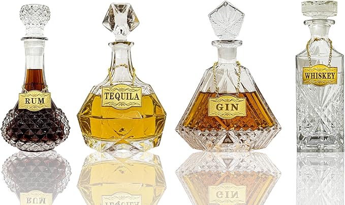 Decanter Tags - Liquor Tags (Set of 8, Golden Colour) Liquor Decanter Label:Gin, Vodka, Bourbon, Whiskey, Brandy, Rum, Scotch, Tequila - Tags for Liquor bottle, Adjustable Chain, 2.36 x 1.57 inches