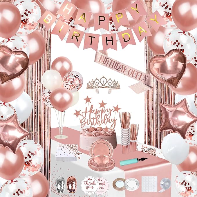 253 Pcs Birthday Decorations for Women, Rose Gold Party Decorations for Women, Party Decoration Supplies, Tableware Kit, Banner, Tassel Curtain, for 25 Guests