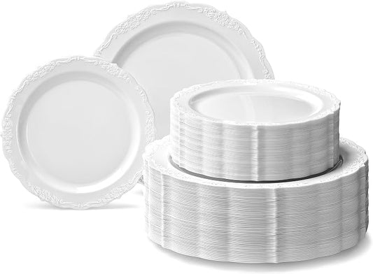 " OCCASIONS " 240 Plates Pack,(120 Guests) Vintage Wedding Party Disposable Plastic Plates Set -120 x 10'' Dinner + 120 x 7.5'' Salad/Dessert (Verona Plain White)
