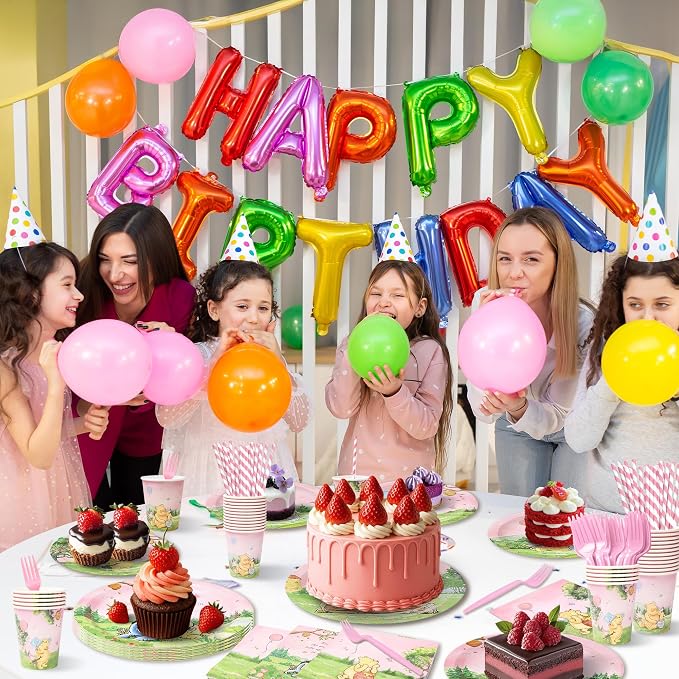 144Pcs Pink Winnie Bear Baby Shower Plates and Napkins Tableware Set, Plates Napkins Cups Straws and Forks Sets, Winnie Baby Shower Decorations Birthday Party Supplies, Serves 24 Guests