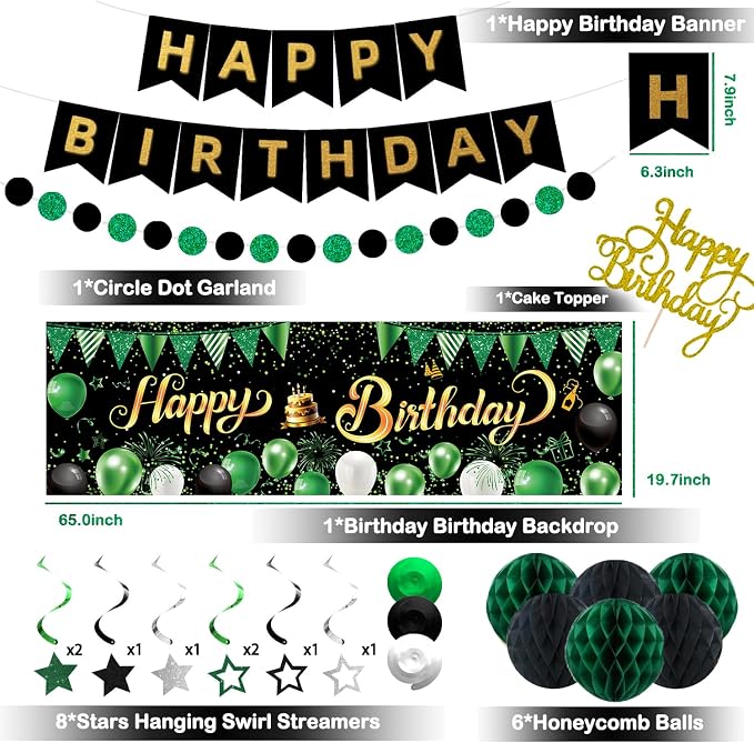 Green Black Birthday Decorations, Happy Birthday Banner, Backdrop, Balloons, Honeycomb Balls, Star Foil Balloons, Stars Hanging Swirls & Cake Topper for Baby Boys Girl Men Women Birthday Decoration