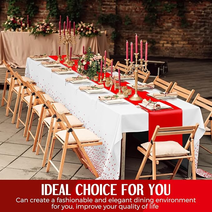 Breling 8 Pack White and Red Disposable Plastic Tablecloths and Satin Table Runner Set, 54 x 108 Inch Tablecloth, 12 x 108 Inch Table Runners for Wedding Graduation Birthday Baby Shower