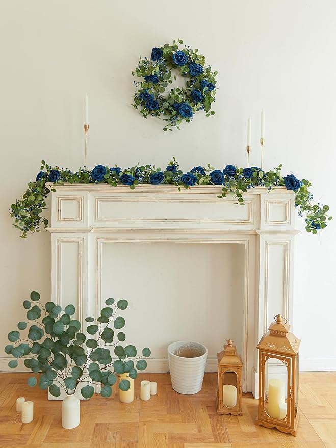 Anna's Whimsy 5.91FT Artificial Eucalyptus Garland with Flowers, Fake Rose Gypsophila Garland, Faux Floral Garlands for Wedding Spring Home Party Craft Art Table Runner Decor (Blue, 1)