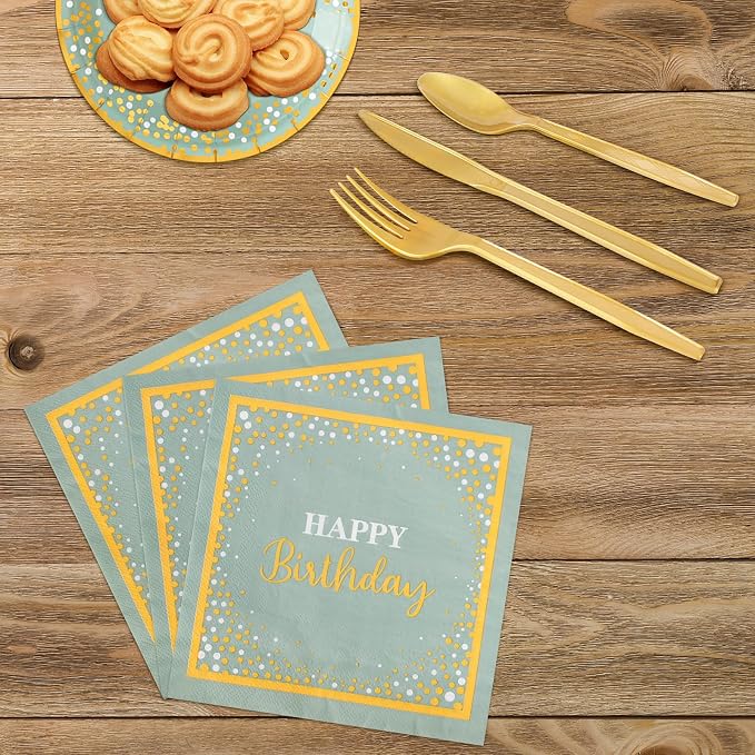 Sage Green and Gold Party Supplies 140 Pieces Happy Birthday Dinnerware - Sage Green Paper Plates, Napkins, Cups, Gold Plastic Forks, Knives, Spoons for Baby Shower Birthday Party Decoration