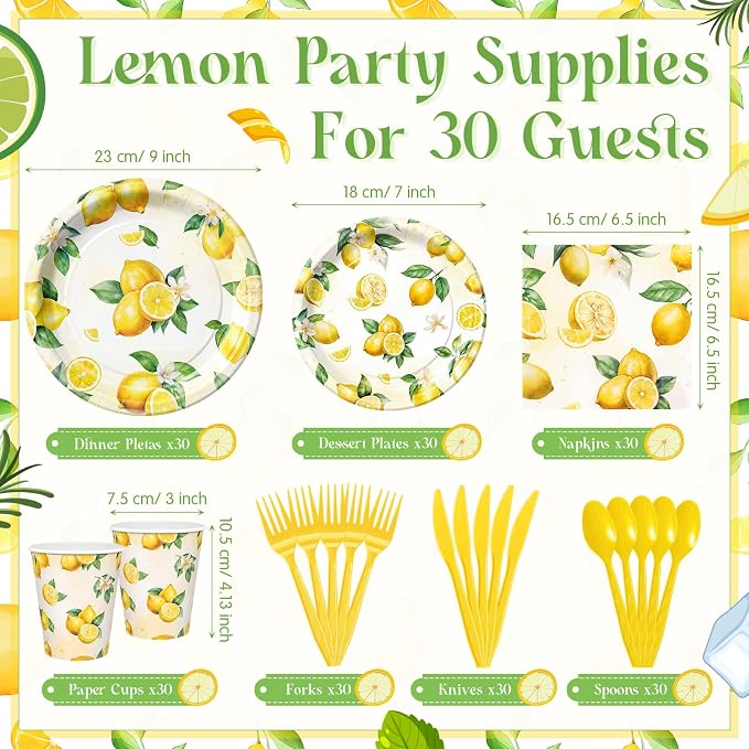 Honeydak 210 Pcs Lemon Party Supplies for 30 Guests Summer Lemon Birthday Plates Napkins and Forks Cups Tableware for Citrus Yellow Baby Shower Bridal Shower Decorations