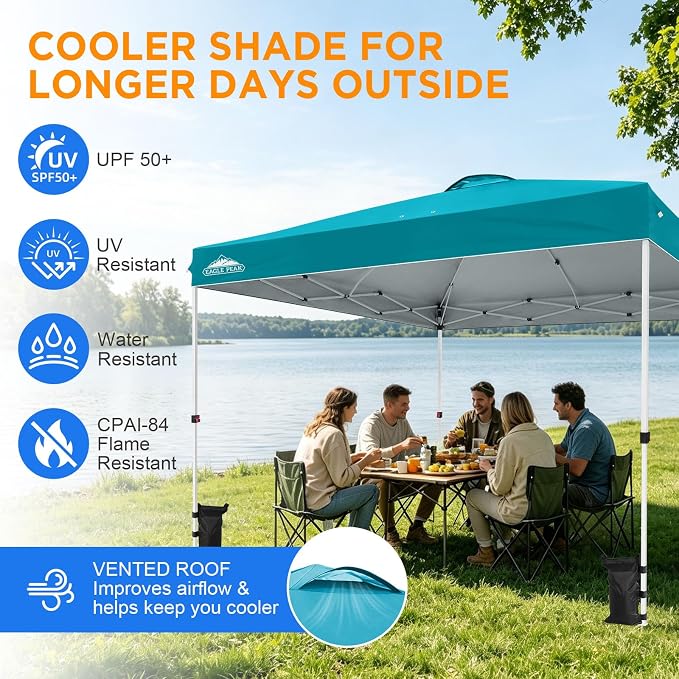EAGLE PEAK Pop Up Canopy Tent with Wheeled Carry Bag, 8 Stakes, 4 Ropes, 4 Weight Bags, Easy Set Up Tent Canopy, 12x12 ft, 144sqft of Shade, Turquoise
