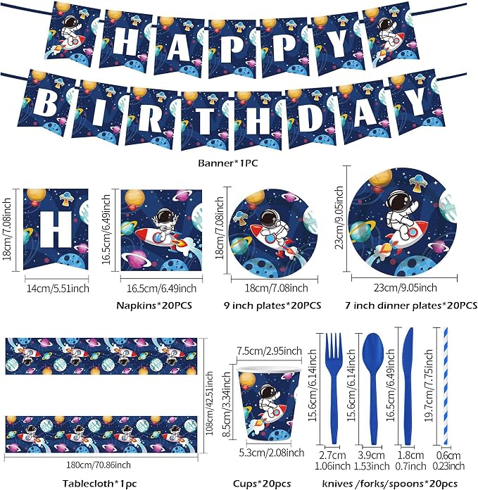 Outer Space Birthday Party Supplies Serve 20 Space Party Tableware Set, Happy Birthday Banner Tablecloth Paper Plates Cups Napkins Knives Forks Spoons for for Astronaut Theme Party Supplies