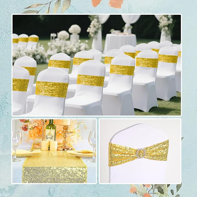 54 Pieces of Gold Sequin Chair Ribbons and Table Runners, 48 Sequin Chair Bows, 6 Glitter Table Runners, Suitable for Wedding Parties Birthday Meeting Events Decorations (Gold)