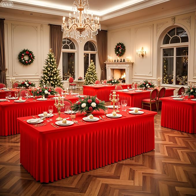 6 Pack 8ft Red Spandex Table Cloths for Rectangle Tables Wrinkle Free Red Tablecloths Rectangle Stretch Fitted 6 Foot Table Cover with Skirt for Birthday Party Baby Shower Wedding Banquet Buffet