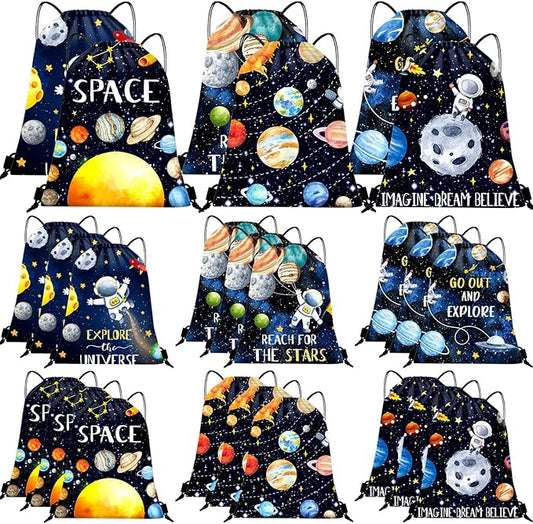 Paterr 24 Pcs Outer Space Party Favors, Astronaut Drawstring Backpack for Kids, Reusable Birthday Astronaut Return Goodie Bags, Galaxy Space Gift Bag for Baby Shower Supplies Candy Treat