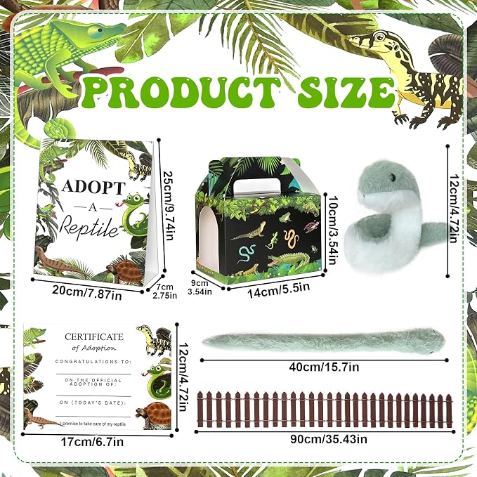 38 Pcs Adopt a Pet Reptile Party Favors Include 12 Safari Reptile Plush 12 Foldable Boxes 12 Cards 1 Sign 1 Fence for Adopt an Animal Party Favors Amphibian Supplies Kit
