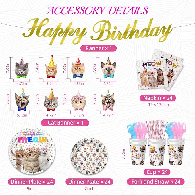 Cat Birthday Decorations, Cat Party Supplies with 9" & 7" Plates, Napkins, Tablecloth, Cake Topper, Pre-assembled Banner & Honeycomb Centerpieces for Cat Themed Birthday Party Decorations