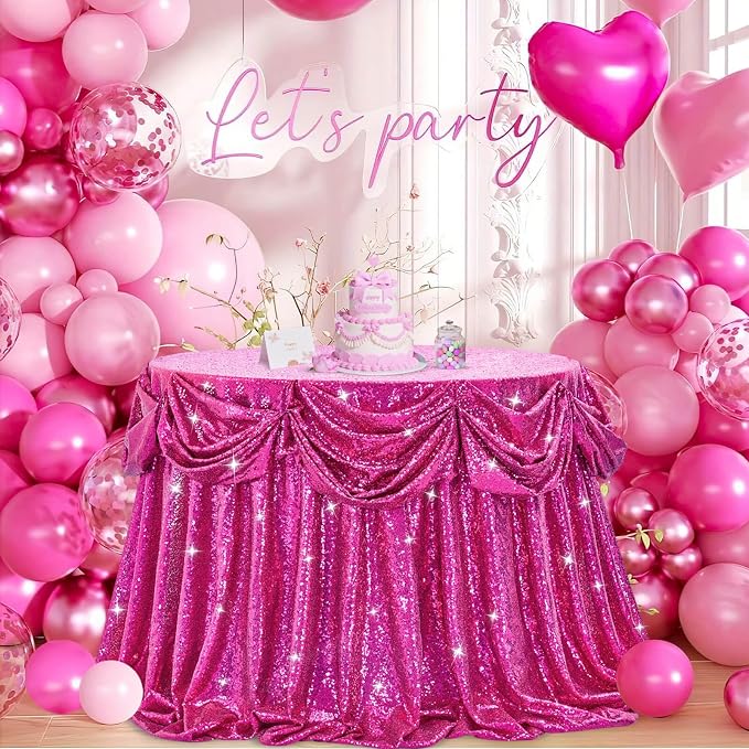 B-COOL Round Sequin Tablecloth Fuchsia Party Decorations: 90 Inch Table Cloth Hot Pink Sequin Fabric Overlay for Indoor Outdoor Dining Parties Home