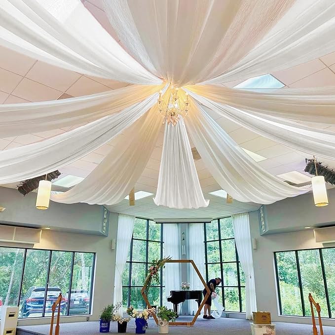 MODFUNS White Ceiling Drapes for Weddings 5x20FT 6 Panels Sheer Chiffon Ceiling Curtain Wedding Arch Draping Fabric Tulle Curtain Drapery Elegant Scarf Drapes Fabric for Bridal Baby Shower Arbor Drape