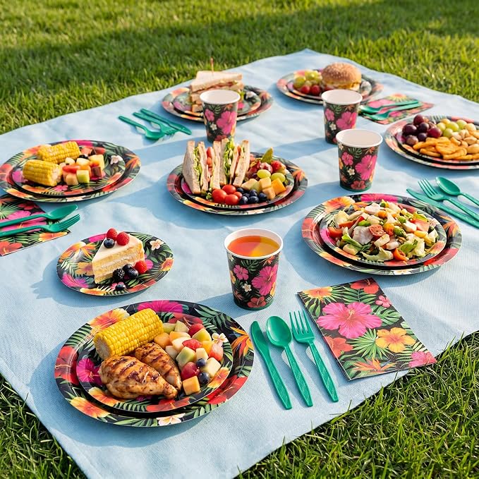 Ziliny 350 Pcs Tropical Hawaiian Party Disposable Tableware Set, Luau Hibiscus Palm Leaf Floral Paper Plates Cups Napkins Dinnerware for Summer Beach Aloha Pool Tiki Birthday Party Supplies Serves 50