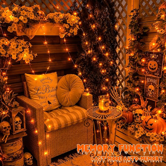 QITONG 4 Pack Solar Halloween Lights, Each 33ft 100 LED Orange Fairy Light Outdoor Waterproof, 8 Modes Silver Wire Christmas Twinkle Mini String Lights