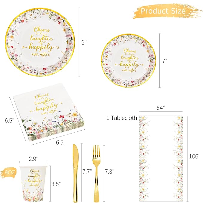 Crisky Bridal Shower Plates and Napkins Gold Cheers to Love Disposable Tableware Set of 24 for Engagement Bridal Shower Wedding Party Decorations (Plates, Napkin, Cups, Tablecloth, Knife & Fork)