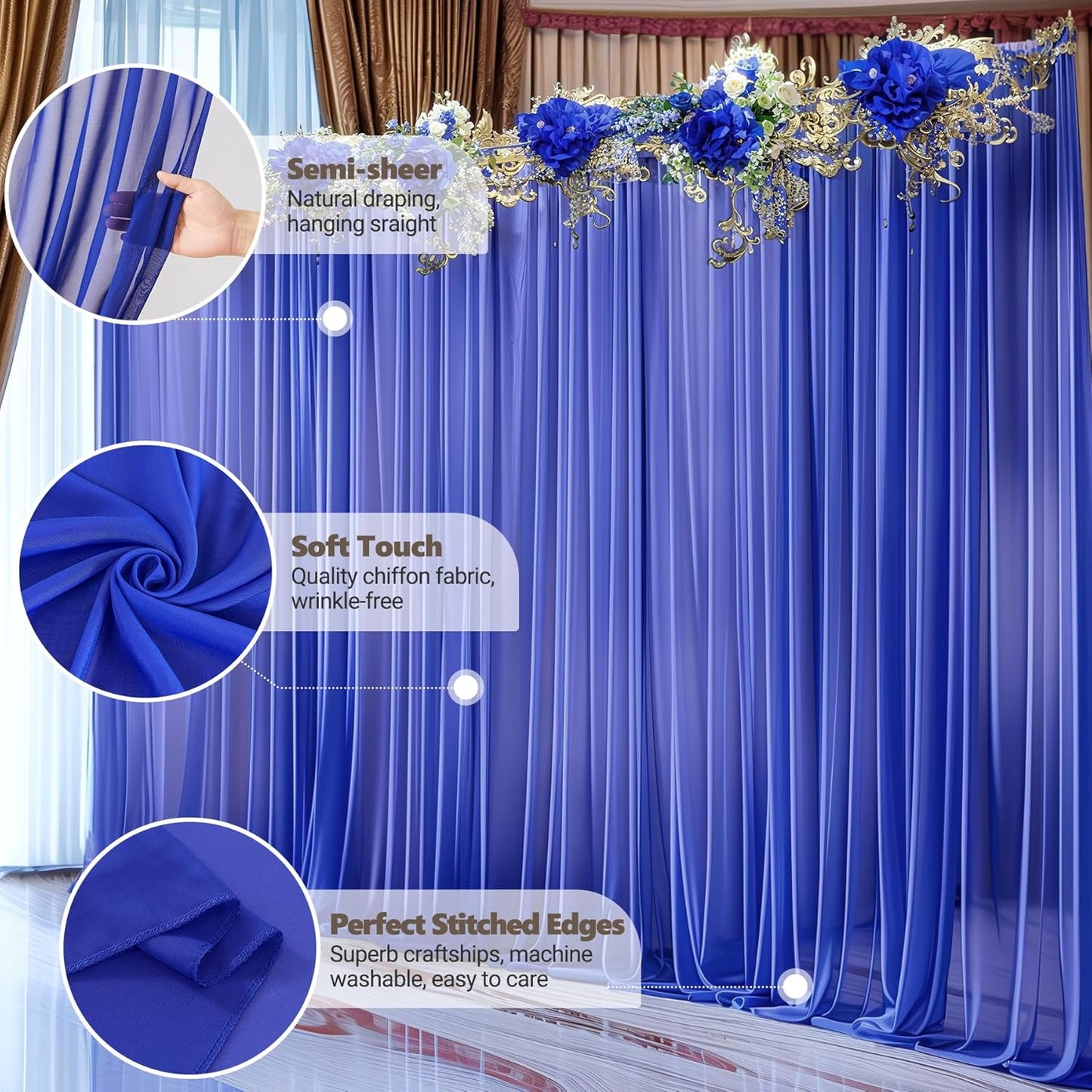 10ft x 10ft Royal Blue Backdrop Curtains, Wrinkle-Free Sheer Chiffon Fabric Photo Backdrop Drapes for Wedding Arch Party Ceremony Stage Photography Decorations