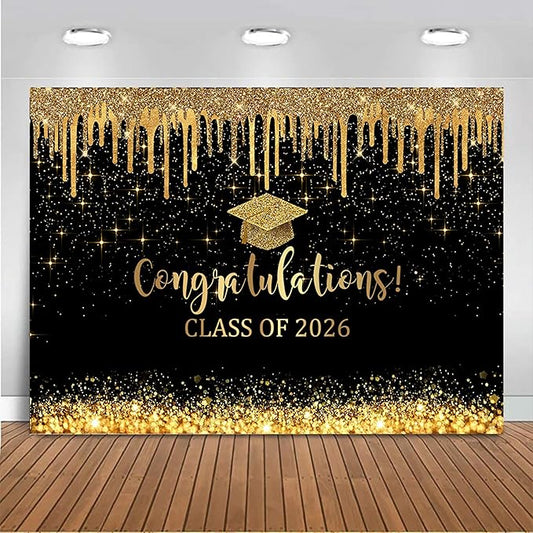 Mocsicka 10x7ft Graduation Backdrop 2026 Black and Gold Graduation Decorations Class of 2026 Congrats Grad Banner 2026 Congratulations Graduate Photo Background