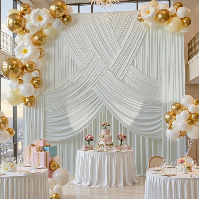50ft x 15ft Ivory Backdrop Curtains for Wedding Parties, 10 Panels Extra Long Wrinkle Free Fabric Drapes Photo Backdrop for Baby Shower Birthday Stage Reception