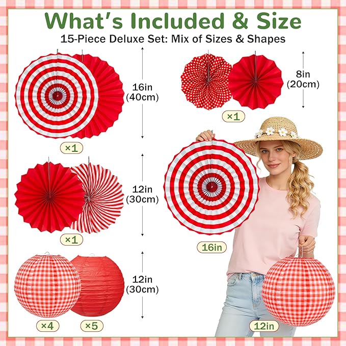 15 Pcs Red Gingham Party Decorations, 12 Inch Hanging Paper Lanterns and Fans for Picnic, BBQ, Pizza Party, Crawfish Boil, Birthday, Baby Shower, Graduation