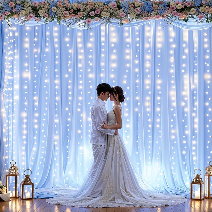 20ft x 10ft Baby Blue Chiffon Backdrop Curtain with Lights String for Parties,4 Panels Sheer Tulle Curtain Wedding Backdrop for Baby Shower Birthday Party Ceremony Reception Home Decorations