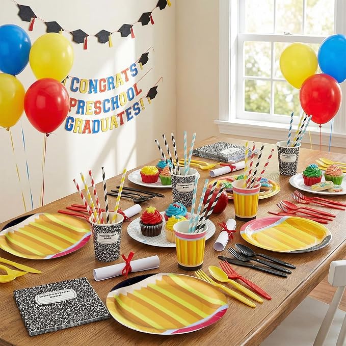450 Pcs Preschool Kindergarten Back to School Tableware Set Decorations Apple Paper Plates Composition Notebook Napkins Pencil Cups Cutlery Straws for First Day Party Supplies, Serves 50