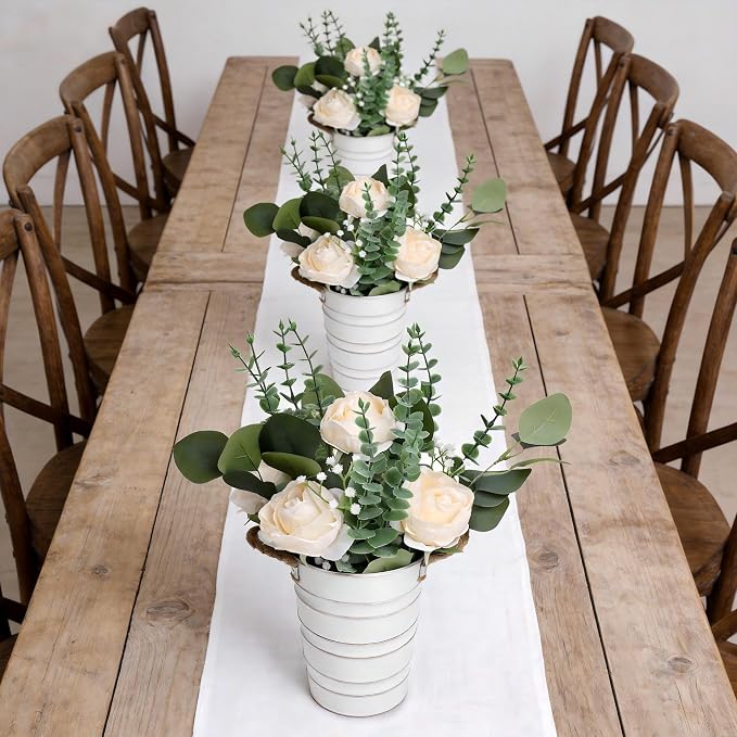 Artificial Flowers in Pot - 10 Inches Pre-Made Large Faux Silk Rose Floral Greenery Table Centerpieces with Rustic Tall Metal Vase for Farmhouse Home Decoration - Champagne