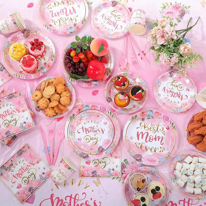 LemonRoad 452 Pcs Mother's Day Decoration for 50 Guests, Pink Gold Floral Happy Mother's Day Paper Plates Napkins Cups Tablecloth Cutlery Straws Disposable Tableware for Best Mom Ever Party Supplies
