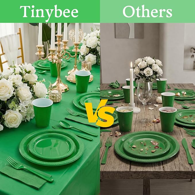352 Pcs Green Plastic Plates Party Set, 50 Guests Disposable Dinnerware Set with Green Tablecloths, Fresh Green Plastic Plates Party Set for Garden Party/BBQ/St. Patrick's Day/Eco-Theme Event