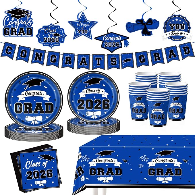 2026 Graduation Decorations for Party, Blue Plates Napkins Cups Tablecloth with Congrats Grad Hanging Decor for 25 Guests, Congratulations Disposable Party Supplies Favors for College & Middle School