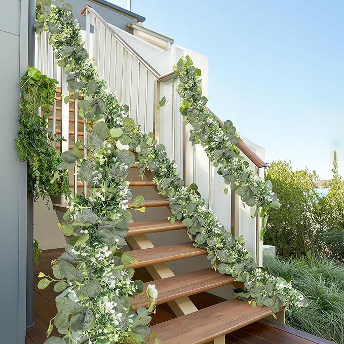 N&T NIETING 4 Pack Artificial Eucalyptus Garland with Lights, 6FT Artificial Greenery Garlands, Battery Operated Twig Vine for Room Stairs Mantle Wedding Holiday Mothers Day Decoration Indoor Outdoor