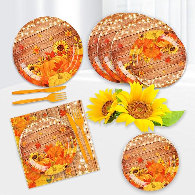 182pcs Fall Paper Plates and Napkins Set,Thanksgiving and Pumpkin Plates Disposable Dinnerware for Autumn Birthday Thanksgiving Party Decorations,Serve 30 Guests