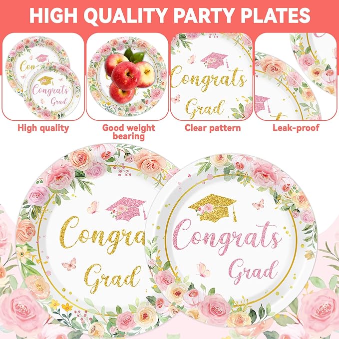 96Pcs Class of 2026 Graduation Party Supplies Floral Congrats Grad 2026 Plates and Napkins Pink Bachelor Cap Grad Tableware Disposable Dessert Dinnerware for Women Graduation Party for 24 Guests