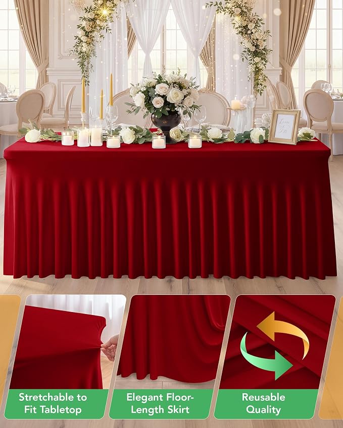 4 Pack Spandex Table Cover Skirts for 6ft Rectangle Tables, Red Stretch Table Cloths with Floor-Length Ruffle, Elastic Fitted Skirted Tablecloth for Elegant Wedding Banquet Party Buffet Decoration