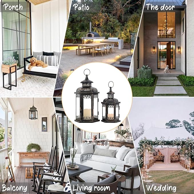 Large Lantern Decorative Outdoor & Indoor, Set of 2 (15’’&11’’) Metal Candle Lanterns Decor, Vintage Hanging Candle Holder for Front Porch Patio Wedding Farmhouse Home, Spring Decoration